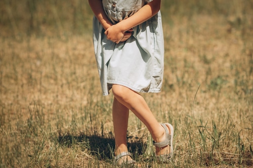 A young girl in a gray dress standing in a field.
