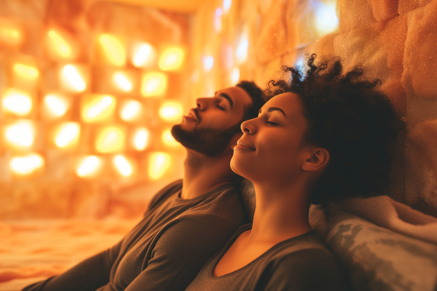 Man and woman resting on a bed, illuminated by light from a wall. Discover the Power of Combined Therapies.