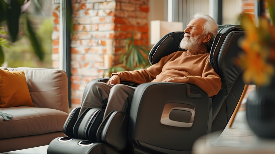 Elderly man enjoying massage in chair.