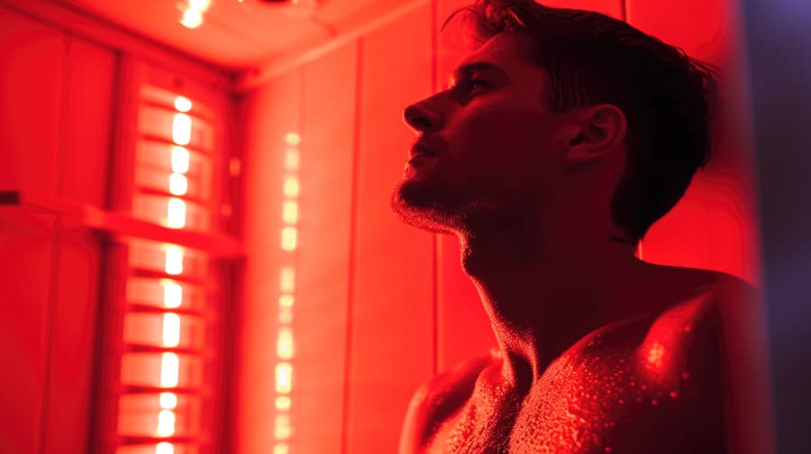 A man in a red room illuminated by red light for Red Light Therapy.