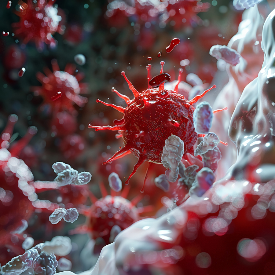 A 3D rendering of cancer cells, highlighting their presence. This image emphasizes the skin benefits.