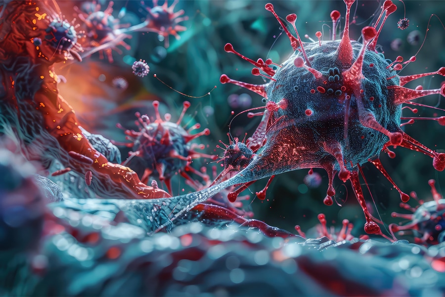 Cancer cells depicted in the image. Enhanced immune function aids in combating these abnormal cells.