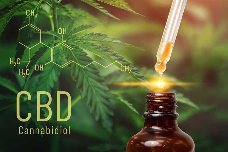 CBD oil for anxiety and depression, with leaves in the background.