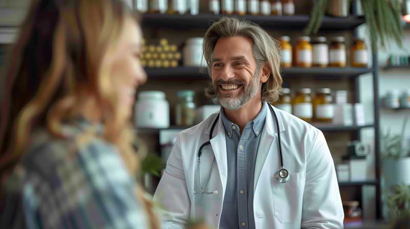 A doctor in a white coat smiling while talking to a woman.