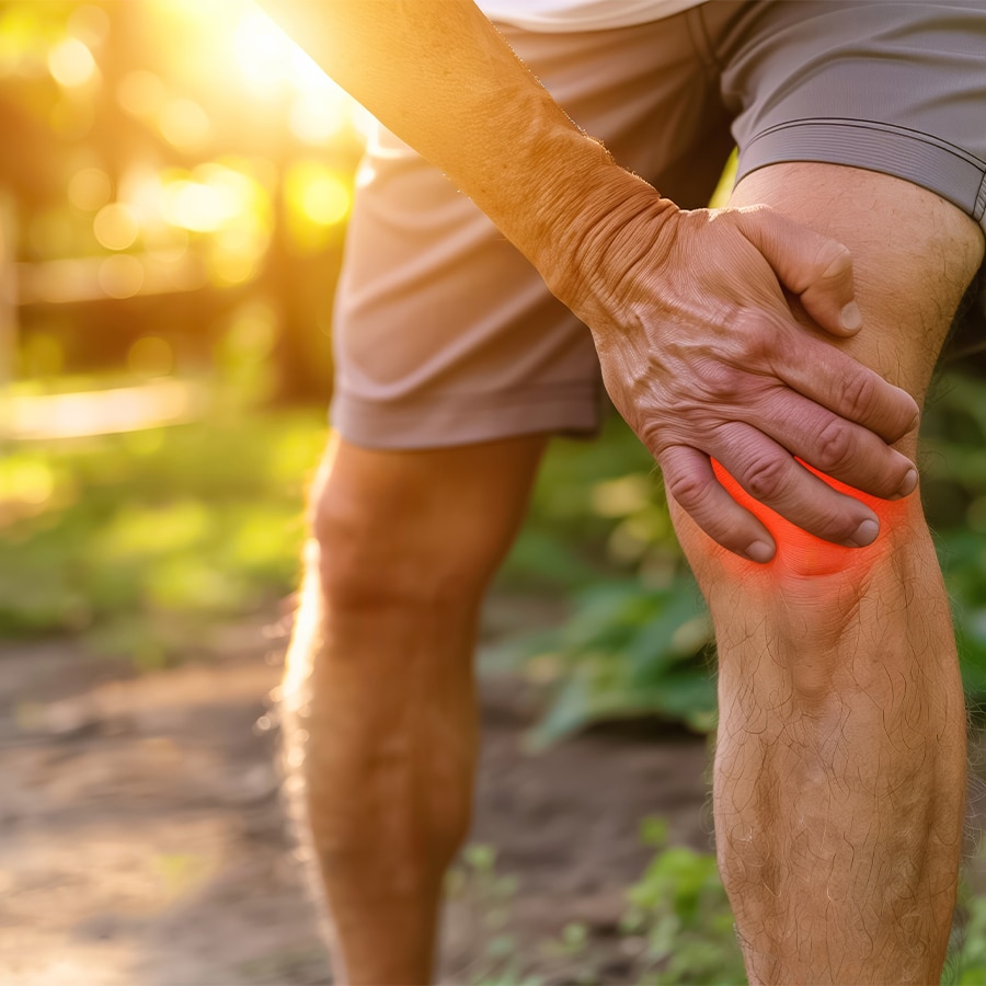 A man suffering from knee pain outdoors in the sun, showcasing the restorative effects of Halotherapy and Red Light Therapy.