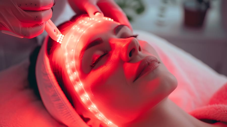 A woman receiving a facial treatment using red light therapy at iVee Restorative Care, promoting skin rejuvenation and health.