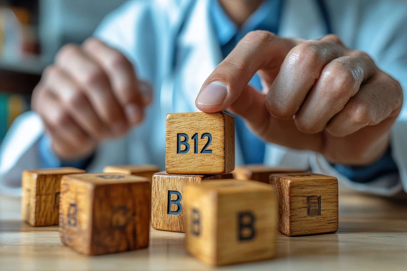 A doctor arranges blocks labeled 'B12', symbolizing vitamin B12's role in energy and metabolic health.