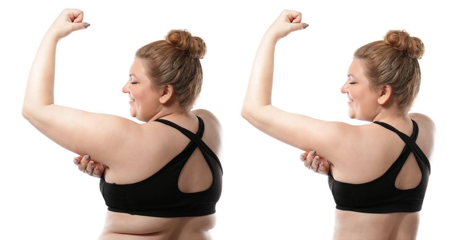 Before and after image of a woman showcasing her muscular transformation