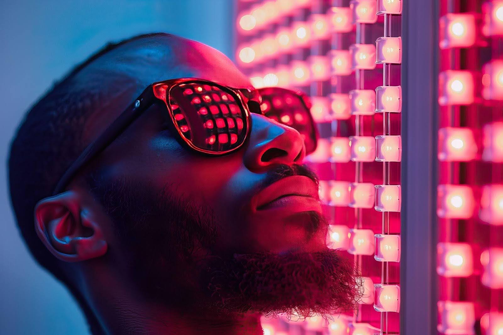 A man wearing sunglasses poses in front of a striking wall adorned with red lights