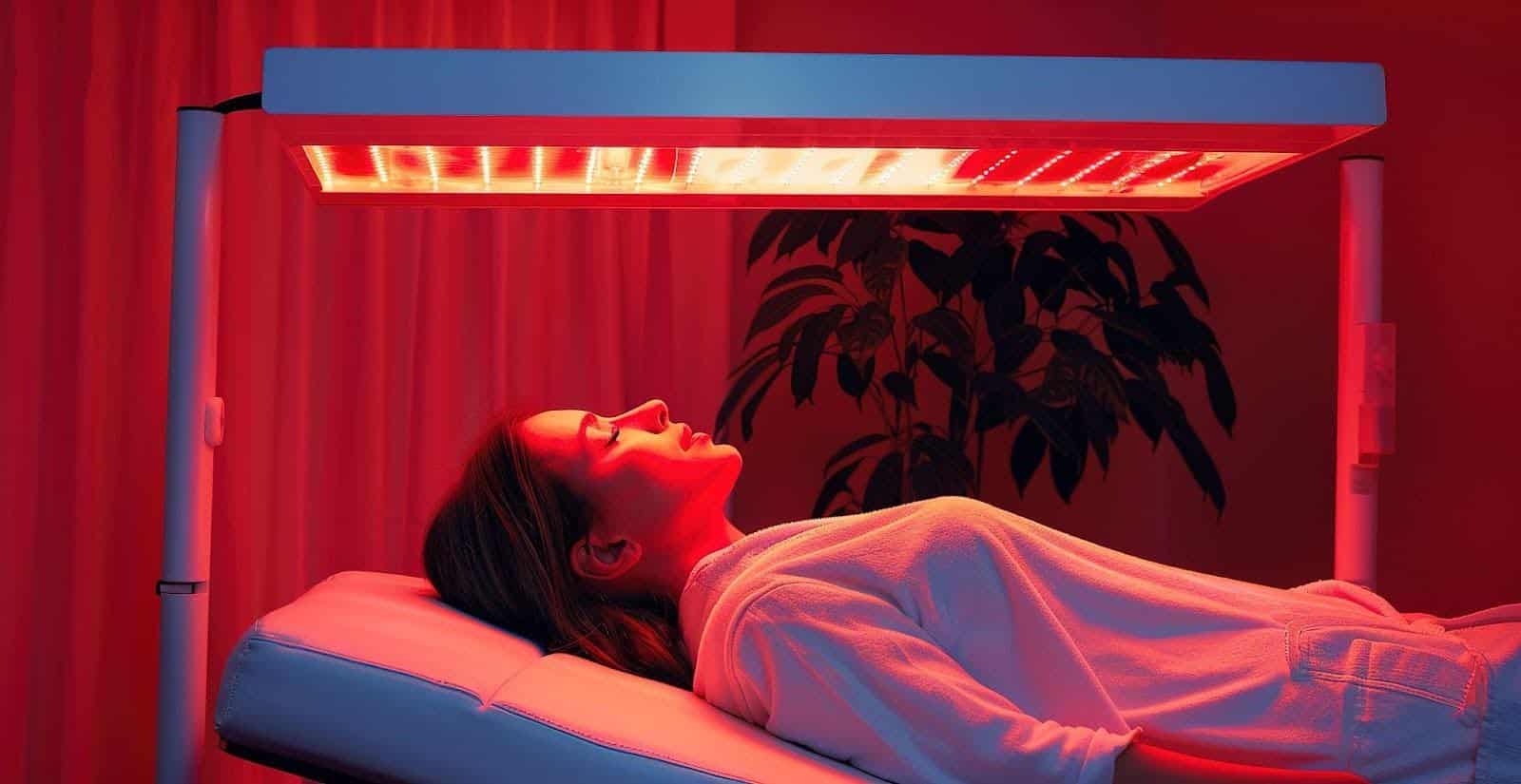 A woman lies on a bed, bathed in a warm red light, evoking a calm and tranquil ambiance