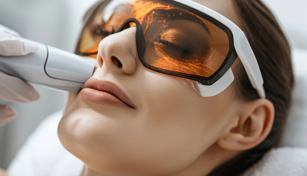 A woman receiving facial laser treatment at Ivee Restorative Care, showcasing advanced skincare technology in a serene environment.